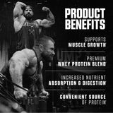 Whey More benefits chart covering muscle growth, recovery, digestion and flavor