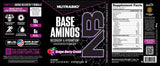 NutraBio Base Aminos Grape Berry Crush full label - benefits, amino profile, GMP and Made in USA certifications