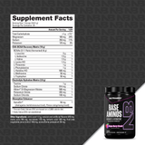 NutraBio Base Aminos Grape Berry Crush supplement facts panel - 10g EAAs, 6g BCAAs, electrolyte matrix per scoop