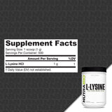 NutraBio L-Lysine Powder supplement facts label - 1 gram L-lysine per serving, 500 servings per container