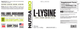 NutraBio L-Lysine Powder 500g product label detail - non-GMO, gluten free, kosher certified amino acid powder