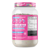 Supplement facts panel for Whey More Birthday Cake showing 24g protein per serving