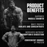 Axe & Sledge Whey More benefits chart showing muscle growth, recovery, digestion and flavor